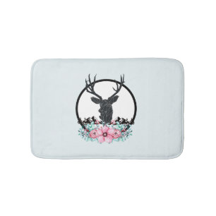 Black Deer Head w/ Pink Flowers & Mountains Bath Mat
