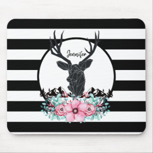 Black Deer Head w/ Pink Flowers & Mountains Mouse Pad