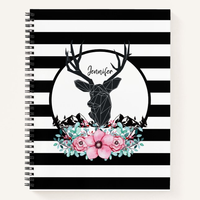 Black Deer Head w/ Pink Flowers & Mountains Notebook (Front)