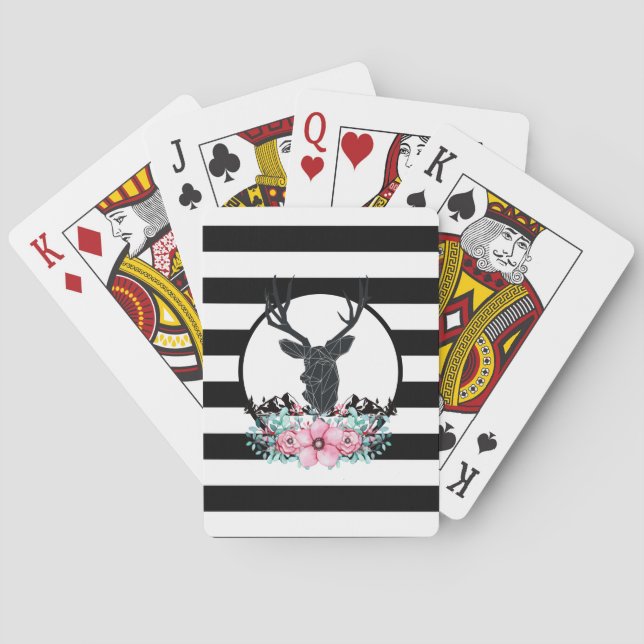 Black Deer Head w/ Pink Flowers & Mountains Playing Cards (Back)