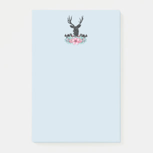 Black Deer Head w/ Pink Flowers & Mountains Post-it Notes