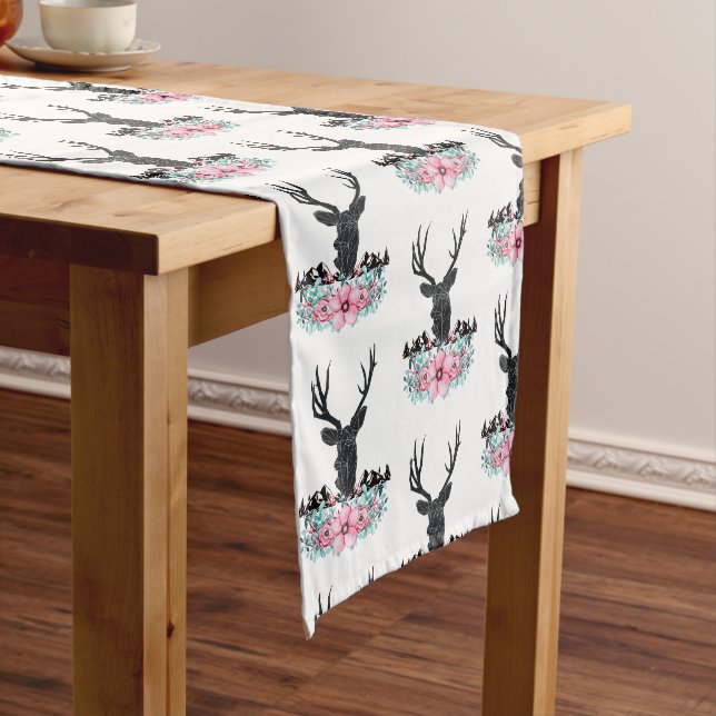 Black Deer Head w/ Pink Flowers & Mountains Short Table Runner (In Situ)