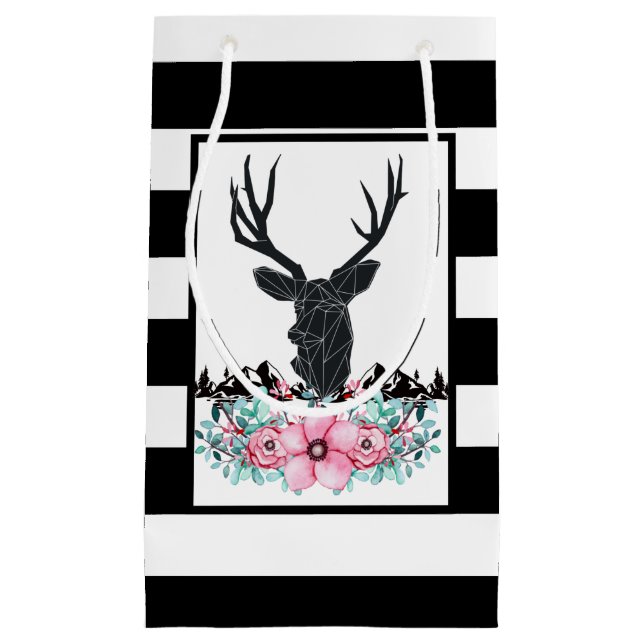 Black Deer Head w/ Pink Flowers & Mountains Small Gift Bag (Front)