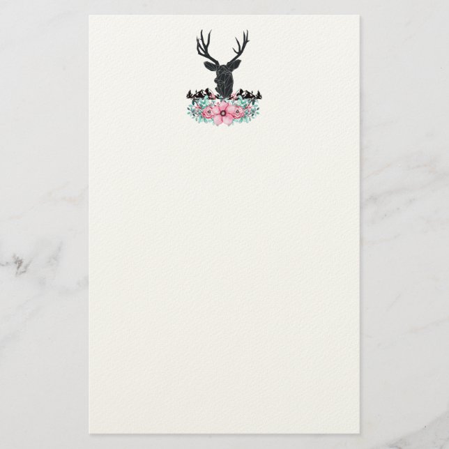 Black Deer Head w/ Pink Flowers & Mountains Stationery (Front)