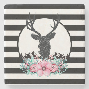 Black Deer Head w/ Pink Flowers & Mountains Stone Coaster
