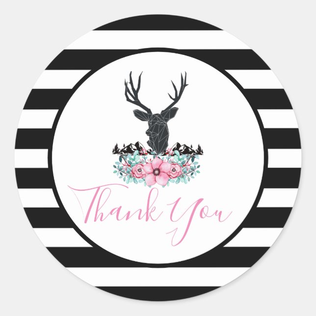 Black Deer Head w/ Pink Flowers & Mountains Thanks Classic Round Sticker (Front)