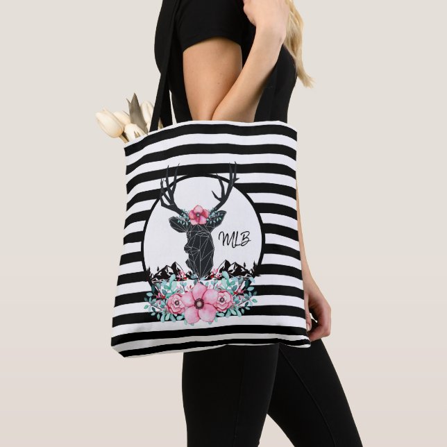 Black Deer Head w/ Pink Flowers & Mountains Tote Bag (Close Up)