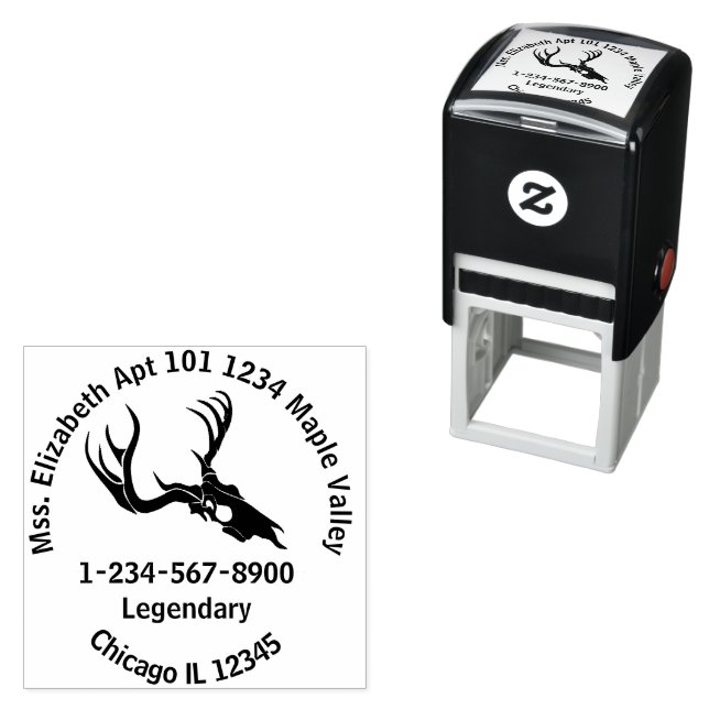 Black Deer Skull Return Address Self-inking Stamp (In Situ)