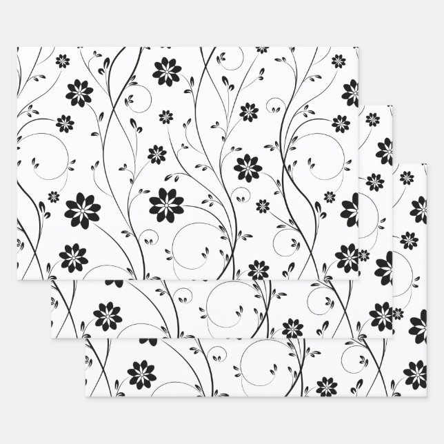 Black Delicate Flowers Pattern Wrapping Paper Sheet (Set)