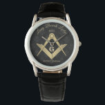 Black Demask Masonic Monogrammed Watch<br><div class="desc">Stylish gold square and compass Masonic symbol personalized watch with an elegant black clock face.</div>