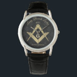 Black Demask Masonic Monogrammed Watch<br><div class="desc">Stylish gold square and compass Masonic symbol personalized watch with an elegant black clock face.</div>