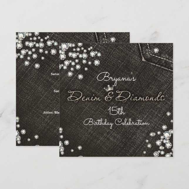 Black Denim & Diamonds Glam Crown Party Invitation (Front/Back)