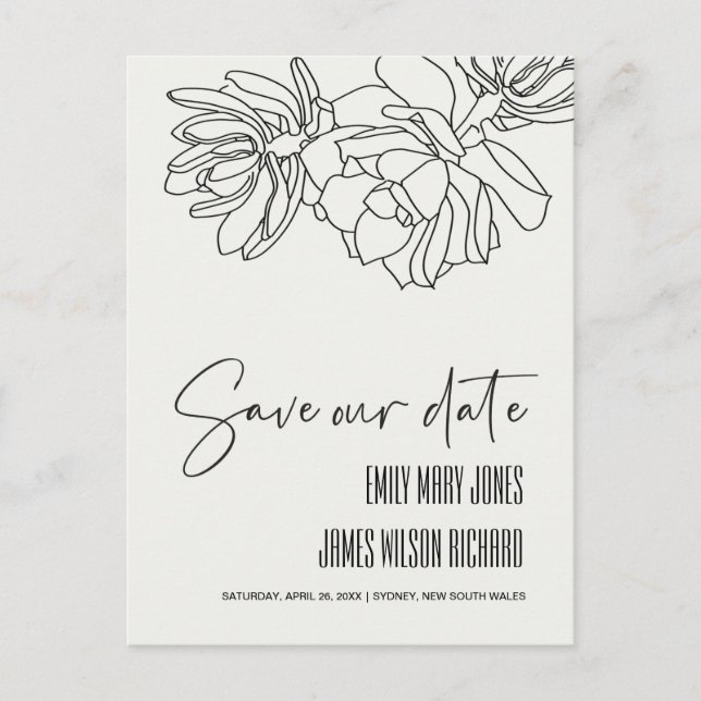 BLACK DESERT CACTI SUCCULENT SKETCH SAVE THE DATE ANNOUNCEMENT POSTCARD (Front)