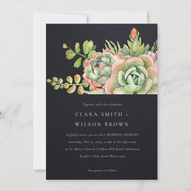 BLACK DESERT SUCCULENT CACTI FOLIAGE BUNCH WEDDING INVITATION (Front)