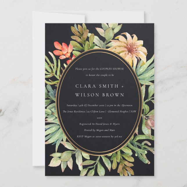 BLACK DESERT SUCCULENT CACTI FOLIAGE COUPLE SHOWER INVITATION (Front)