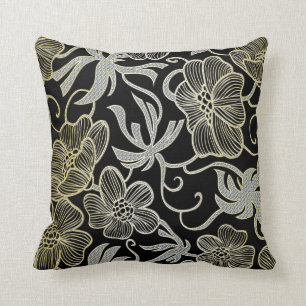 Black Diamond And Gold Floral Damask Design Throw Pillow
