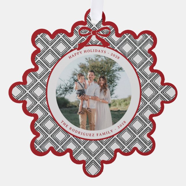 Black Diamond Pattern Holiday Ornament with Photo Card (Front)