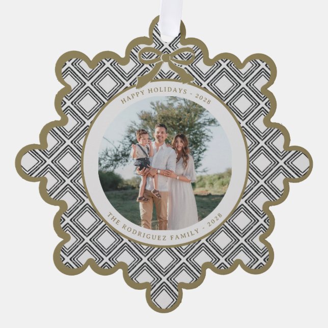 Black Diamond Pattern Holiday Ornament with Photo Card (Front)
