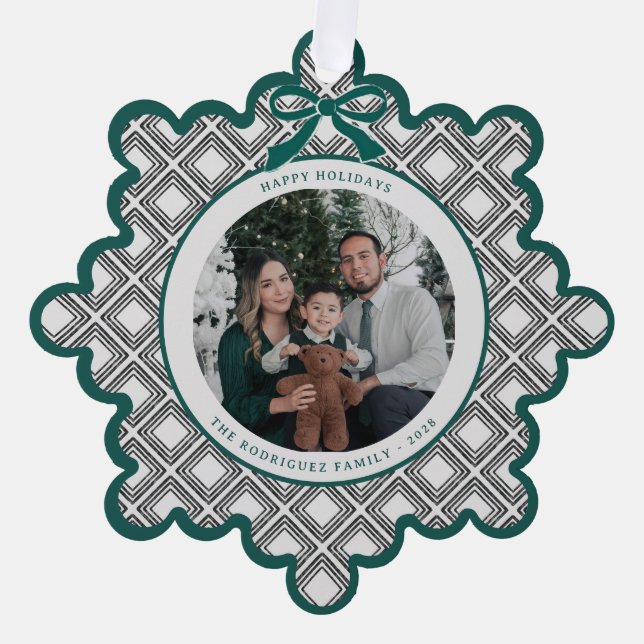 Black Diamond Pattern Holiday Ornament with Photo Card (Front)