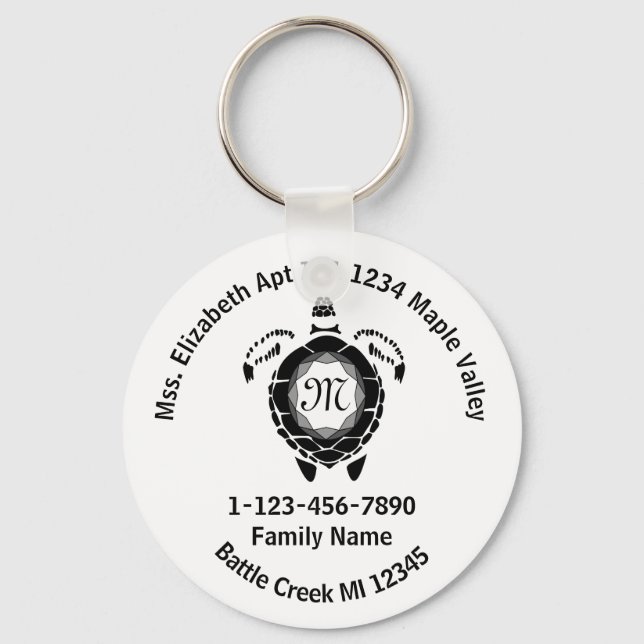 Black Diamond Sea Turtle Lost Family Home Address Keychain (Front)