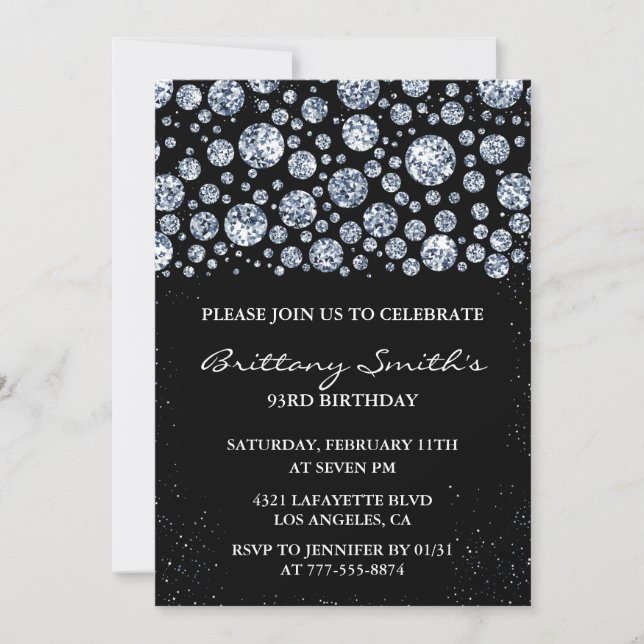 Black Diamond Sparkle Glitter 93rd birthday  Invitation (Front)