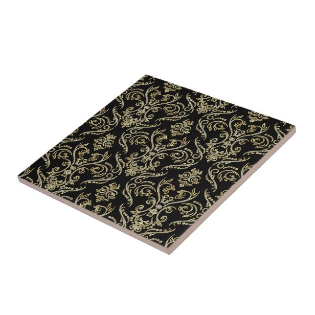 Black Diamonds And Gold Tones Floral Damasks Tile (Side)