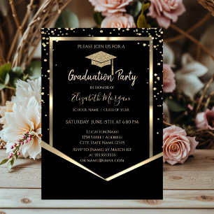 Black, Diamonds Gold Graduation Cap Graduation Invitation