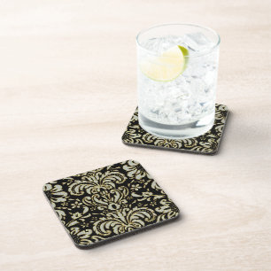 Black Diamonds & Gold Tones Vintage Floral Damask Coaster