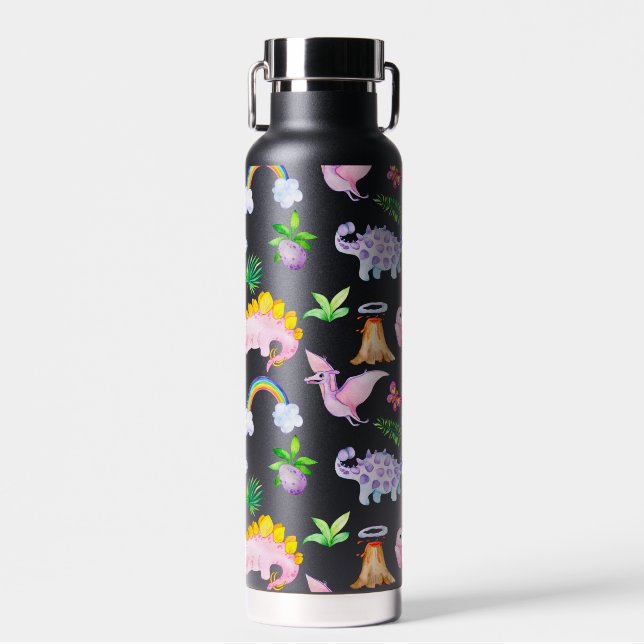 Black dino animals kids birthday gift water bottle (Front)