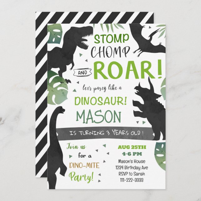 Black Dinosaurs Birthday Party Invitation (Front/Back)