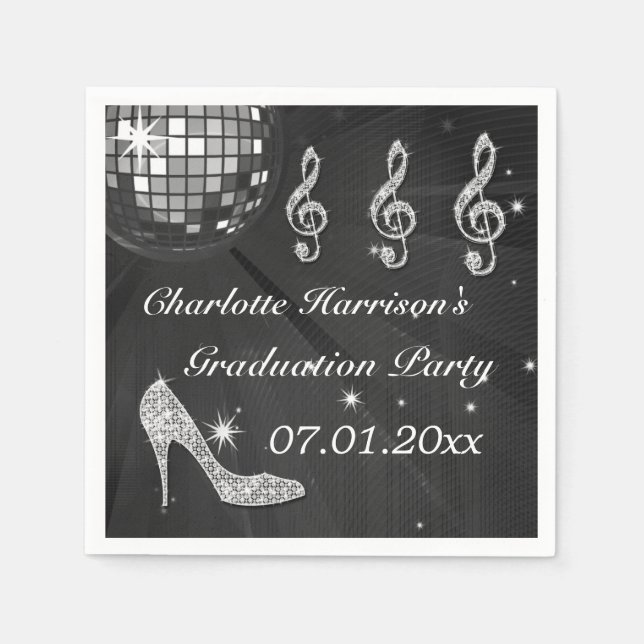 Black Disco Ball and Sparkle Heels Graduation Napkin (Front)
