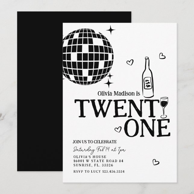 Black Disco Ball Wine 21st Birthday Party Invitation (Front/Back)