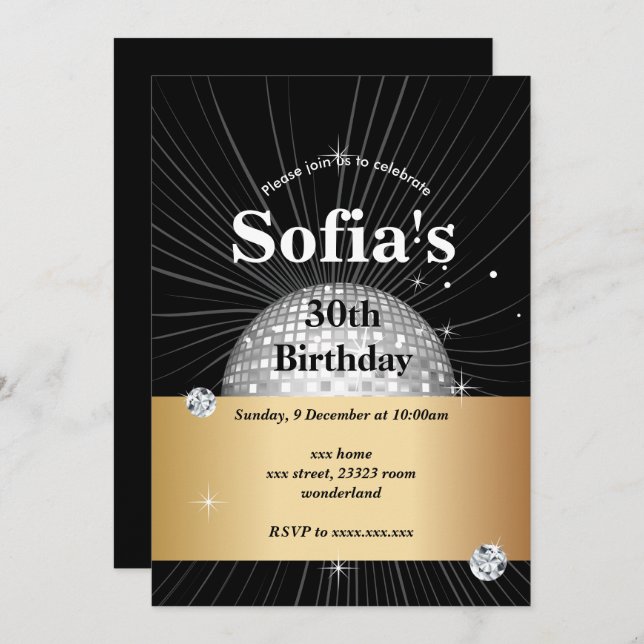 BLACK, disco party, 70's , dancing party Invitation (Front/Back)