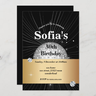 BLACK, disco party, 70's , dancing party Invitation