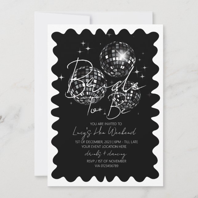 Black Disco Theme Bachelorette Weekend Itinerary  Invitation (Front)
