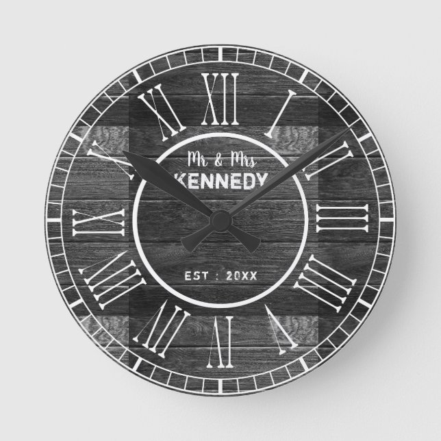 Black Distressed Wood Roman Numeral  Wedding Round Clock (Front)