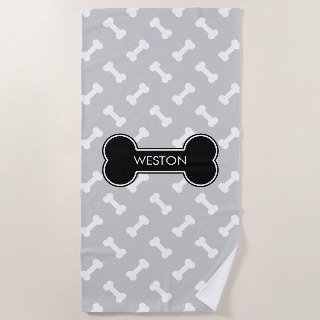 Black Dog Bone And Bones With Custom Name Beach Towel (Front)
