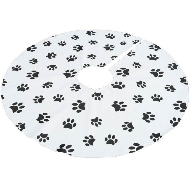 Black Dog Cat Paw Prints Pattern White Christmas Brushed Polyester Tree Skirt (Angled)