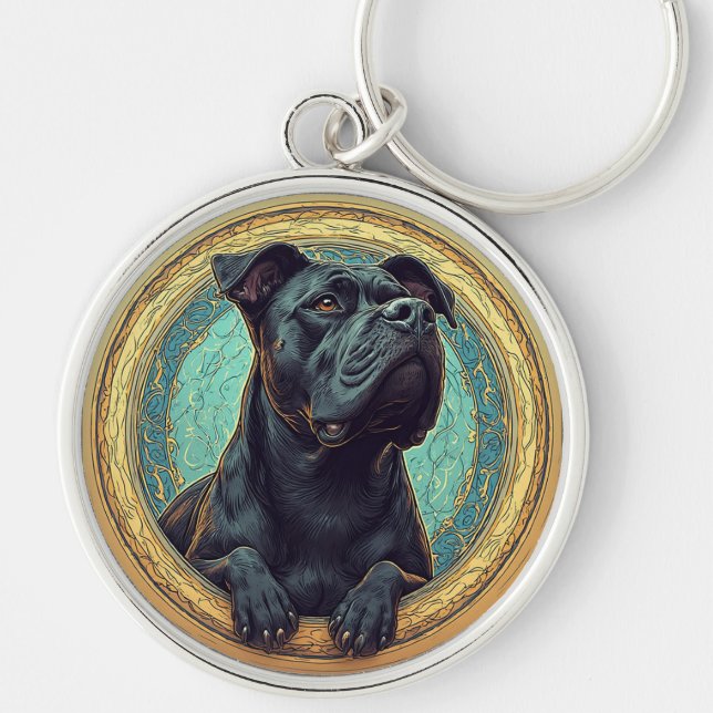 Black Dog Framed by Ornate Artistic Design Keychain (Front)