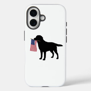 Black Dog Holding American Flag – July 4th Patriot iPhone 16 Case