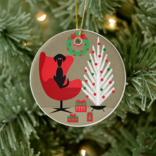 Black Dog in Mid Century Christmas Room Ceramic Ornament