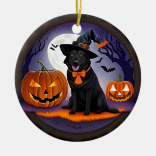 Black Dog in Witch Costume with Pumpkins Ceramic Ornament