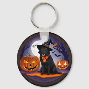 Black Dog in Witch Costume with Pumpkins Keychain