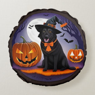 Black Dog in Witch Costume with Pumpkins Round Pillow