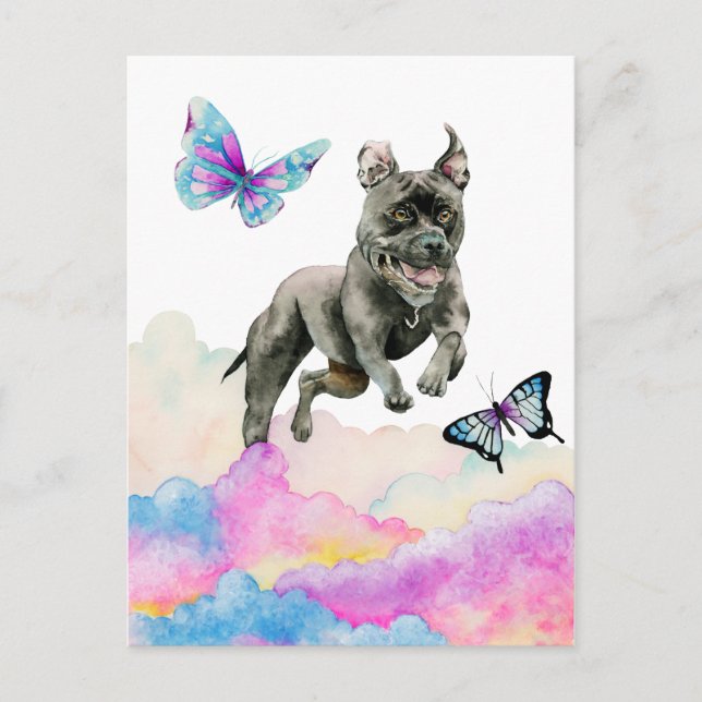 Black Dog Jumping Over Rainbow Clouds Postcard (Front)