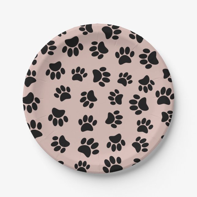 Black Dog Paw Pattern On Rose Gold Paper Plate (Front)
