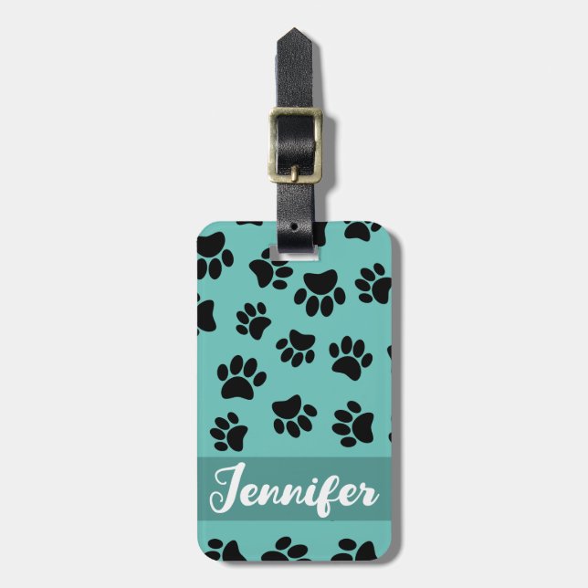 Black Dog Paw Pattern On Teal Luggage Tag (Front Vertical)