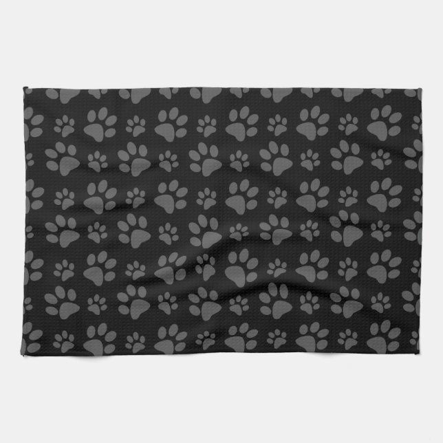 Black dog paw print pattern kitchen towel (Horizontal)
