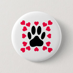 Black Dog Paw Print With Heart Shapes 2 Inch Round Button