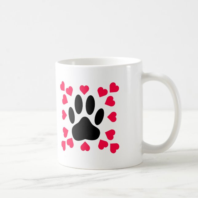 Black Dog Paw Print With Heart Shapes Coffee Mug (Right)